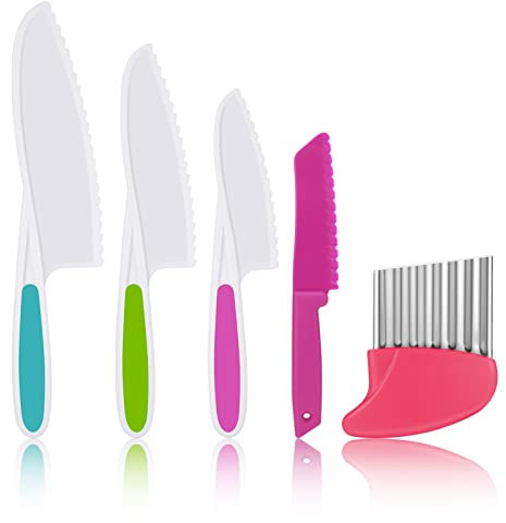 AKlamater 5PCS Kitchen Safety Knives for Kids, Children's Cooking Knives in 4 Sizes, Plastic Cutting Board Grip Serrated Edges for Vegetables Fruits Salad Cake(Pink)