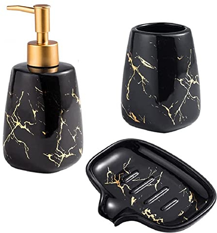 FülleMore 3-teiliges Badezimmer Set aus Keramik luxuriöses Marmoroptik Badzubehör Set Bad Accessoires Set,Seifenspender, Seifenschale, Zahnputzbecher/Zahnbürstenhalter (Schwarz)