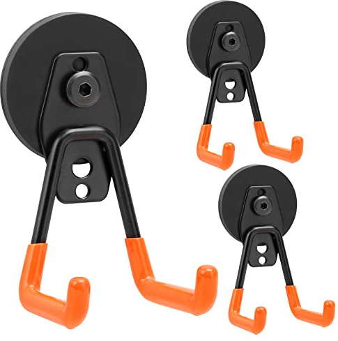 Homde Strong Magnetic Hook, 3 Pack Heavy Duty Magnet Holder Double Hanging Design, 2.6inch Industrial Utility Garage Hanger for Toolbox Hammer Garden Tools Drills Hose, Storage Hooks