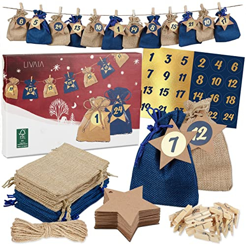 Calendrier de l'Avent à remplir, jute : Calendrier de l'Avent 2023 à remplir soi-même, jute - chiffres adhésifs, 24 sachets - pour enfants, LIVAIA