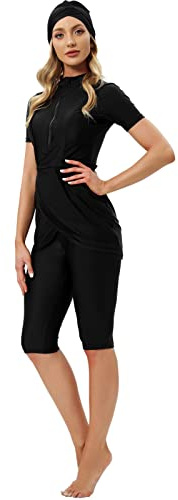 Muslim Swimsuits for Women Modest Full Cover Burkini Islamic Arabic Swimwear Swimsuit Short Sleeve Swimming Top Swim Carpi Pants Hijab Rash Guard 3Pcs Set Sun Protection Bathing Suit Black S