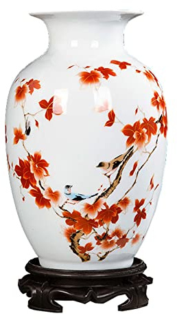 ZEALMAX Vase en céramique de style chinois, vase à fleurs décoratif pour table, étagère, salon, décoration d'intérieur, oiseaux et fleurs, blanc