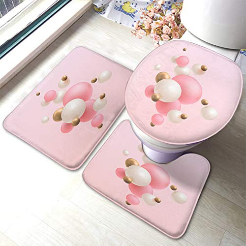 Set 3 Teilig Badvorleger Paint Ball Digital Art Mit Weißen, Rosa Und Goldenen 3D Bällen, Kreatives Design Badgarnitur Badematten Weiche Anti-Rutsch Bad Duschmatten, Für Badezimmer, Badewanne