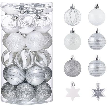Victor's Workshop Weihnachtskugeln,35 stück 5cm Christbaumkugeln Weihnachtskugel Transparent,Weihnachtsbaumschmuck Christbaumschmuck mit Aufhänger,deko Weihnachten,Thema Silber Weiß