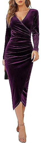 Joligiao Mujeres Cuello en V Manga Larga Vestido de Cóctel Vintage Vestido de Fiesta Largo Vestido de Fiesta de Terciopelo de Talle Alto con Pliegues Elegante Vestido de Noche Morado S