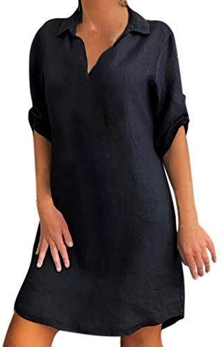 Vestido Camisero de Verano Largo de Lino, Negro, Manga Corta, Patinadora Hasta el Tobillo, Cómodo, Informal, Holgado, Ligero con Volantes