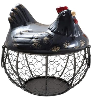 Siduytin Large Capacity Chicken Egg Storage Basket, Black, Ceramic & Iron, Holds Up to a Dozen Eggs, Multifunctional, Sturdy, Rustic Chicken Shape, Kitchen & Dining Room