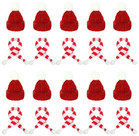 XDGBGFN 20 Stück Mini Weihnachtsmütze und Schal Set, 10 pcs Mini Schal und 10 pcs MiniStrickmütze, für Weihnachten Weinflasche Abdeckung, Weihnachten Heimdekoration ﻿ (Rot)