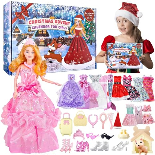 Adventskalender 2025 Kinder Mädchen Puppe Spielzeug-24 Tage Weihnachts Countdown Kalender Überraschungen Puppe Kleidung Füllung Weihnachten Dolls Geschenk mit Modische Doll Kostüme Zubehör Haustieren
