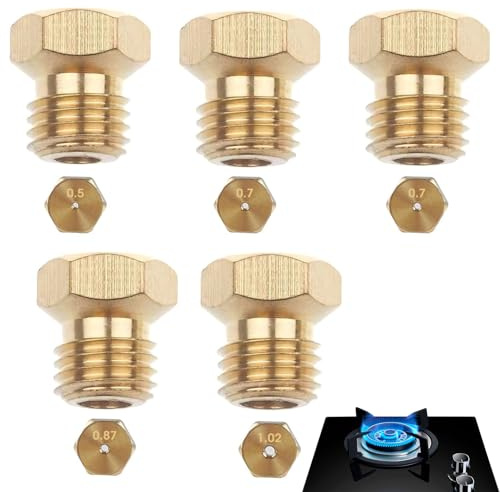 5Pcs Gasdüsen für Gasgrill,Universal-Gasdüsen-Einspritzdüsen Für LPG-Propangasbrenner,Gas Nozzles,Gasherd Düsen für Propangas,Düsen,Messing Düsen,0.5mm, 2×0.7mm,0.87mm,1.02mm