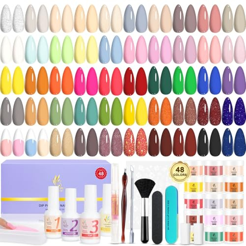 Lavender Violets 62 Pcs Dip Powder Nail Kit Starter, 48 Colors Acrylic Dipping Powder System Base n Top Coat Liquid Set Activator Brush Saver Dips Manicure Tools Recycling Tray Nail Art Designs G905
