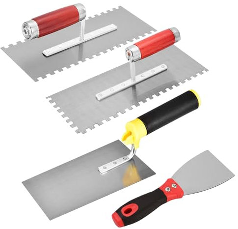 BYZESTY Zahnkelle, Edelstahl Zahnglättekelle, 4-Teiliges Edelstahl Maurerkelle, Zahnspachtel Edelstahl Zahnkelle, Gezahnt Glättekelle mit Kunststoffgriff für Putzmassen, Beton