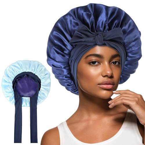Abeillo Seidenhaube zum Schlafen, Doppellagige Satin Schlafhaube mit Bindeband, Nachtmütze Haarhaube, Wendbare Satin Schlafkappe für Damen und Mädchen Lockiges Haar, Zopf (Blau+Hellblau)