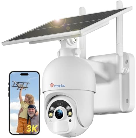 Ctronics 5MP Überwachungskamera Aussen Solar mit 6W Solarpanel, 30m Farbige Nachtsicht mit Spotlight, 3K WLAN Akku Kamera, PC/APP, FTP/Cloud/128GB TF, PIR Personenerkennung（2.4GHz）