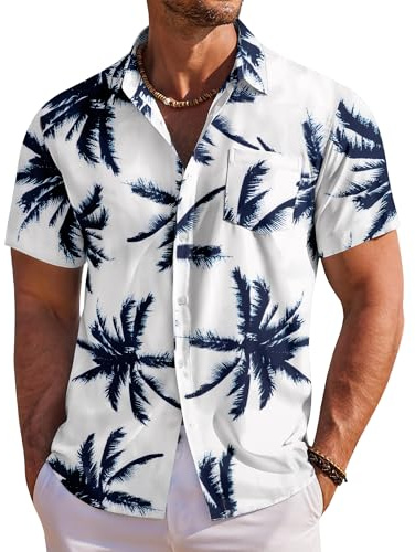 COOFANDY Hawaiianska skjortor för män kortärmad sommartröjor för män tropisk semester strandskjorta med framficka, Vitt palmblad, XL
