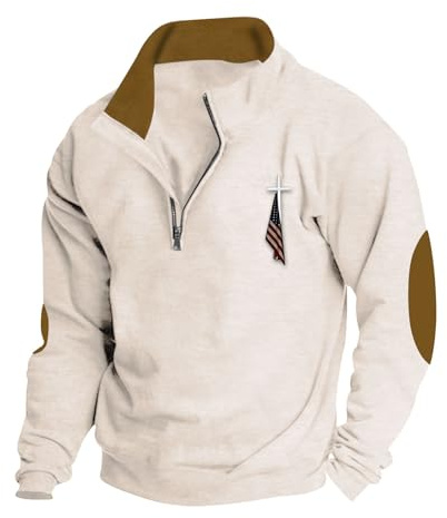 Men's Casual Fashion Solid Color Lapel Loose Trendy Button Up Long Sleeved Hoodie Without Hat Funnel Neck Sweatshirts for Men (Beige, XL)