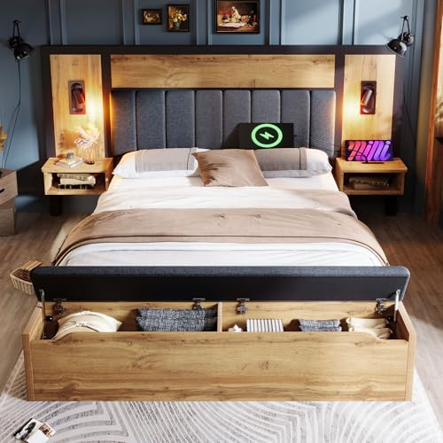 KUAKE Doppelbett Polsterbett 180×200cm, Bettanlage mit Leselampe und USB C Nachttisch und Sitzbank mit Stauraum, Bettgestell mit Lattenrost aus Metall, Ohne Matratze (180×200cm)