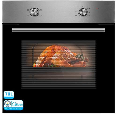 Midea Horno Eléctrico Empotrable 70L - 4 funciones de Cocción - Hornos de Cocina Con Ventilador Tangencial, 1 Bandeja y 1 Rejilla, Puerta Doble Cristal, Iluminación y Austes temperatura | INOX y NEGRO