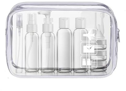 14 Pièces Kit de Voyage(100 ML) avec Trousse de Toilette Transparente | inclus Refermable Bagages à Main(20x20cm), Étiquette en Français, Bouteilles Vides, Voyage Accessoires