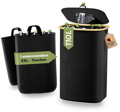 heimora 110L Pfandflaschen Sammelbehälter mit Deckel & 2 XXL Beuteln – Robuster Behälter für Leere Flaschen, Altglas & Recycling – Für Küche, Garage, Büro & Vorratsraum