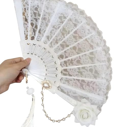 Comforso Fächer für Damen, Faltbarer Spitzenfächer, 1920er Handfächer Spitze Vintage Feather Fan mit Rosen, Tassel Anhänger, Perlenkette, mit geprägtem Handwerk, Ausgehöhlter Blumenfächer (1, Weißer)