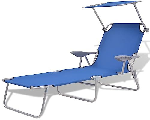 Myheimly Sonnenliege mit Sonnenschutz Zusammenklappbar Verstellbare Rückenlehne Gartenliege Relaxliege Gartenmöbel Liege Strandliege Stahl Blau