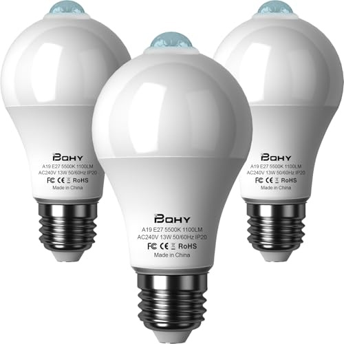 BQHY Motion Sensor Light Bulbs, 5500K Daylight Motion Activated Dusk to Dawn Security Light Bulb, 13W(100W Equivalent) E27 A60 PIR Security LED Bulb Outdoor/Indoor, 3 Pack