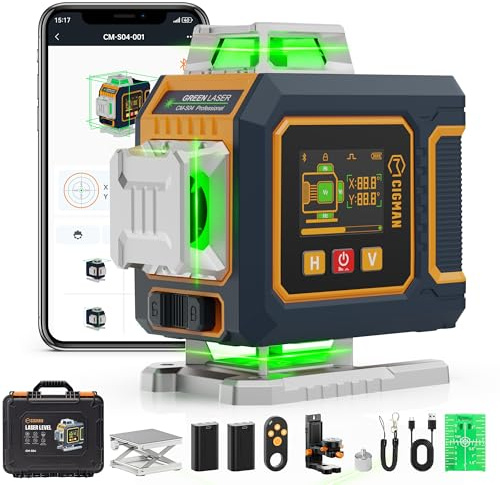 Kreuzlinienlaser, CIGMAN APP Intelligente Kontrolle 4x360 Grad Selbstnivellierend Laser Wasserwaage, mit LCD-Display, Linienlaser Baulaser Kreuzlaser Grün für Innenbereich Bauste, (CM-S04)