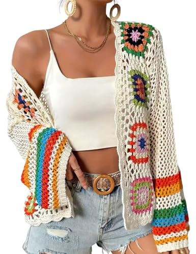 Gihuo Women Bohemian Floral Crochet Cardigan, Hollow Out Long Sleeve Open Front Sweater Cardigan, Multicolor Granny Square (Apricot-XL)