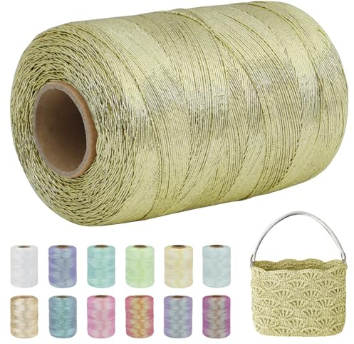 Uiopa Hilo Metálico para Tejer a Crochet, Hilo Macrame 1mm x 550m, Hilos Crochet de Poliéster Brillante para Ganchillo Bolso, Cestas, Decoración, Manualidades (Oro Claro)