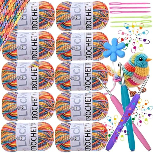 10 Stück Farbe Acryl Wolle zum Häkeln,500g Häkelgarn Bunt Farbverlauf, Acrylgarn zum Stricken, Weiches Mehrfarbiges Garn zum Stricken, Häkeln und DIY Kunsthandwerk (Regenbogen Orange)