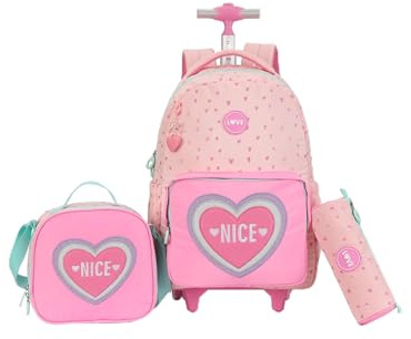 kingdisen Wheels Rolling Kids Backpack for Elementary Luggage School Trolley Bag with Lunch Box 3pc Set (HEART PINK)