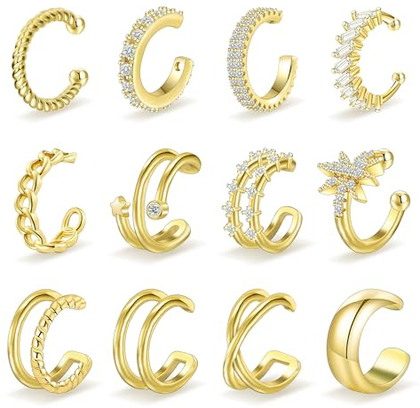 Nelytiya 12Pcs Ear Cuff Gold für Damen 18K Vergoldet Ohrmanschette Ohrringe Fake Helix Piercing Earcuffs Set
