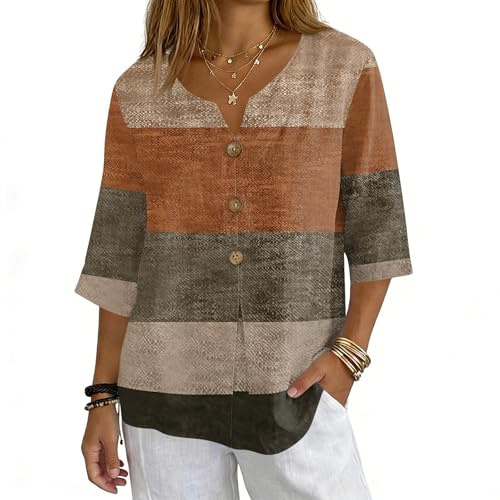 Tee-Shirt Chemisier Fille Le Printemps Longue Soirée Tee Shirt Casual Manche 4572 Coton Imprimé Femme Marron XL