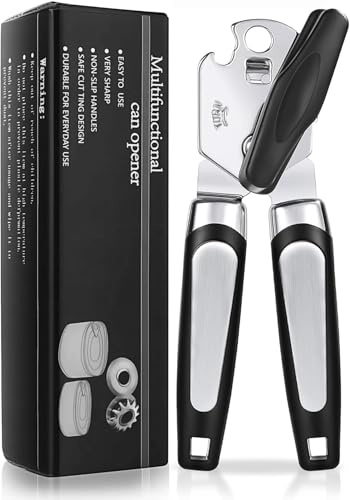 Tin Opener UK, RICKUNCL 3-in-1 Can Opener Handheld, Stainless Steel Can Openers That Works for Arthritis Hands with Multifunctional Bottle Opener, Black