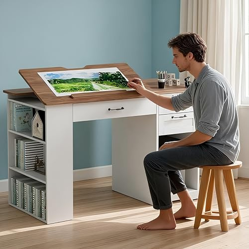 Smilets Crafting Table with Storage Cabinet & Drawers, Adjustable Drafting Table with Open Shelves, Drawing Computer Desk, Painting Desk, Workstation for Home Office Reading, Writing, Craftin