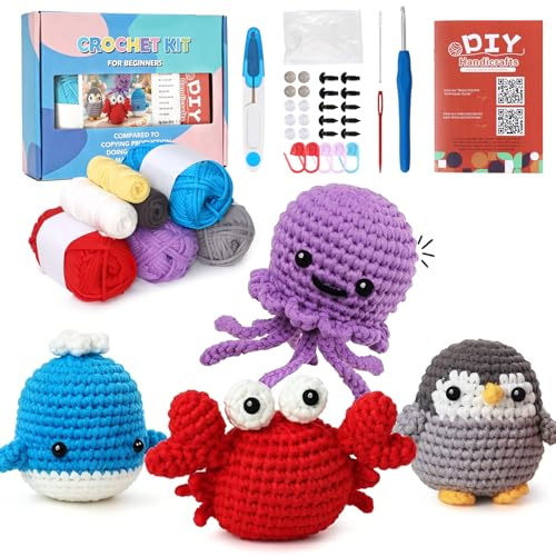 Dremisland 4 Stück Häkelset für Anfänger Amigurumi Tiere DIY Häkeln Set | Pinguin Delfin Stricken Crochet Set Erwachsen DIY Strickset mit Anleitung Video zu Grundstichen für Häkelliebhaber Geschenk