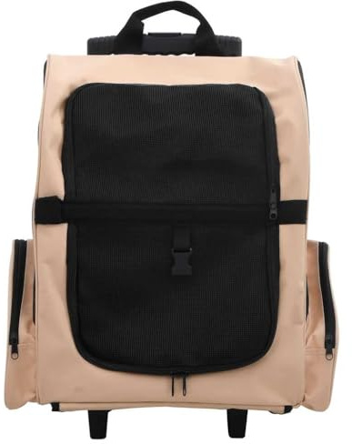 Chariot pour animaux de compagnie 3 en 1 pliable beige avec fenêtres en filet, cadre en métal, 40 x 25 x 55-103 cm, chariot de transport pour chiens, chats, chiots, extérieur, voyage, marche, avec sac