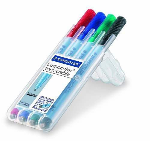 Staedtler Lumocolor 305 M WP4-1 Folienstift, correctable, trocken korrigierbar, 1 Set mit 4 Farben (M-Spitze | 4er Set, Mehrfarbig, 4)