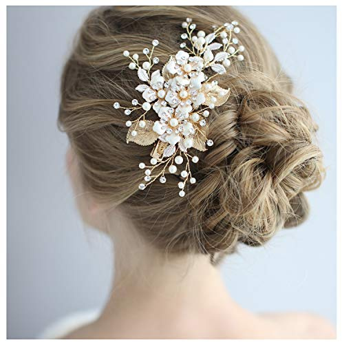 HONEY BEAR Damen Brautschmuck Blume Haarkämme Haar Klammern für Hochzeit, Kristall Strass mit Simulierte Perlen Haarschmuck, weiß,MEHRWEG (Gold Blatt Blume)