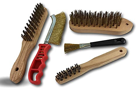 Kibros Lot 5 brosses métalliques à main soudeur violon bougie acier | 1 soudeur acier rond dur, 1 violon souple, 1 bougie acier dur, 1 skrib souple laitonné, 1 inox souple.