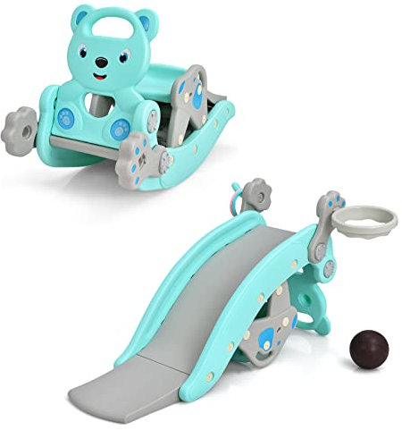 COSTWAY 4 in 1 Kinder Spielplatz mit abnehmbarem Hocker, Rutsche & Schaukelpferd & Basketballkorb & Wurfspiel, inkl. 1 Ball und 4 Ringe, geeignet für Kinder ab 1 Jahr (Grün-Bär)