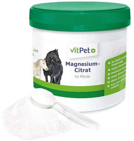 VitPet+ Magnesiumcitrat Pferd | Magnesium Pulver für Muskeln & Nerven | Mit 100% reinem Magnesiumcitrat – für Muskulatur & Regeneration, hochdosiert, vegan, ohne Zusatzstoffe – 500 g