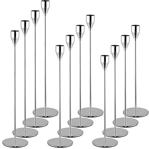 Set von 12 silbernen Kerzenhaltern, Kerzenhalter aus Metall, hoher Kerzenständer für Spitzkerzen, Kerzenhalter für 3/4 Zoll Dicke Kerzen, für Hochzeit, Wohnzimmer, Esszimmer (Silber)