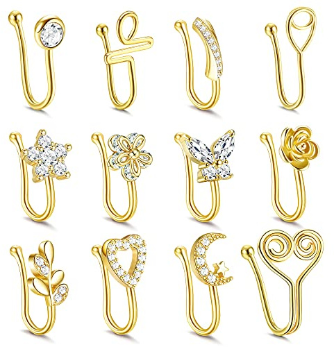Kakonia 12 pièces faux anneaux de nez manchette de nez réglable non piercing anneaux de nez bijoux de narine pour les femmes(Or)