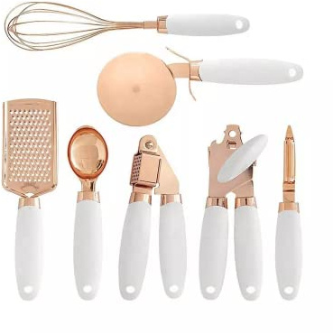 7 Pcs Kitchen Gadget Set Rose Gold Kitchen Utensils Stainless Steel Cooking Utensils with Soft Touch Handles Heat Resistant Non Stick White