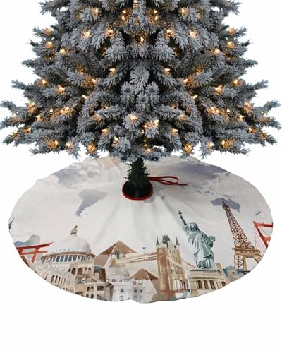 Christmas Tree Skirt 48in, Christmas Decorations Tree Skirt, Statue of Liberty, Pyramid, London Big Ben Travel Theme World Map Christmas Tree Skirt for Holiday Party, Christmas Tree Decorations