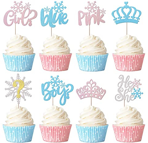 Xsstarmi Cupcake-Topper mit Schneeflocken-Motiv, für Jungen oder Mädchen, glitzernd, Blau oder Rosa, Cupcake-Picks, Krone, Kuchendekoration für Geschlecht, Babyparty, Geburtstag, Weihnachten,
