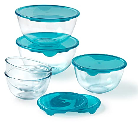 Pyrex® Set mit 5 Salatschüsseln aus robustem Glas mit Deckel (0,5 l – 1 l – 2 l) BPA-frei |spülmaschinenfest, mikrowellen- und ofenfest (2 x 0,5 l + 1 x 1 l + 2 x 2 l)…