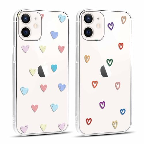 Yoedge 2 Stück Durchsichtig HandyHülle für Apple iPhone 12/12 Pro Hülle Herz Muster 6,1, Transparent Handy Hülle für iPhone 12 Pro Case Liebe Love Aesthetic Mädchen Frauen Schutzhülle Cover-Herzen